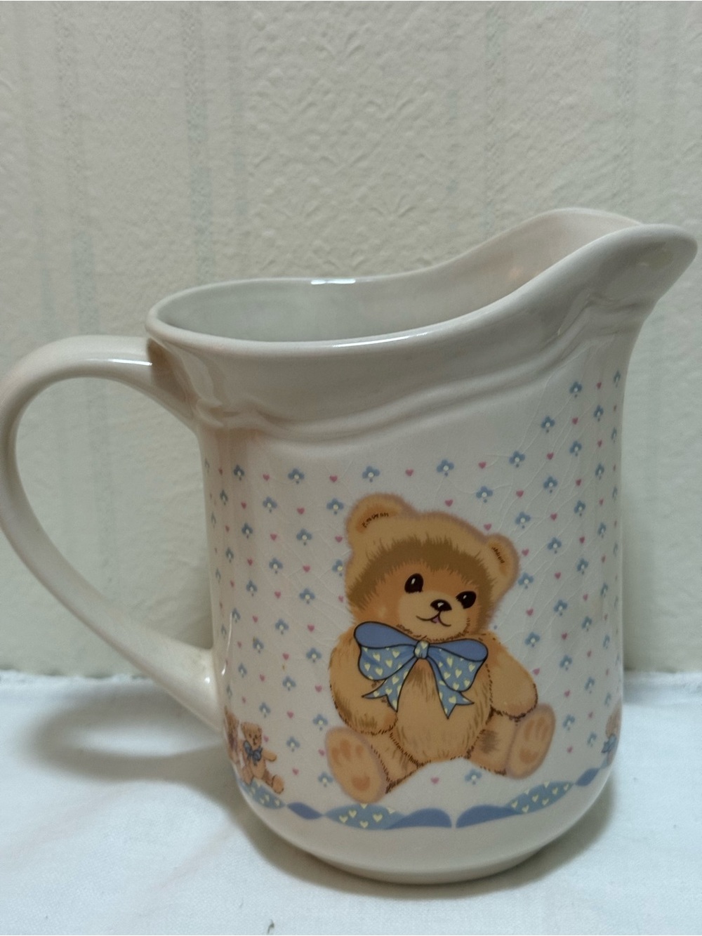 Ceramic Teddy Bear Pitcher with Blue Bow - Picture 3 of 11